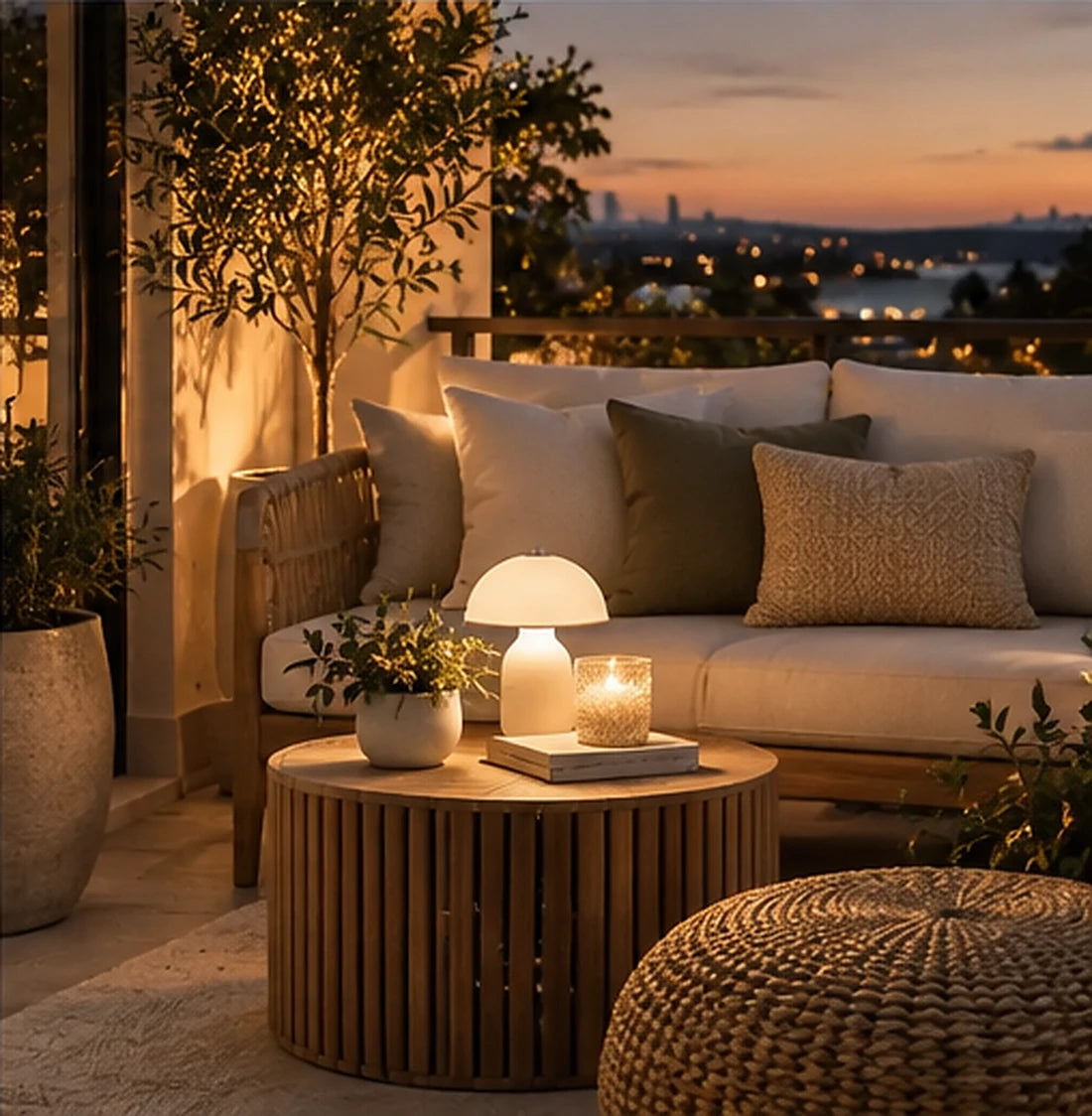 Balcony styling inspiration at dusk with cream seating, a round timber table and a softly glowing lamp