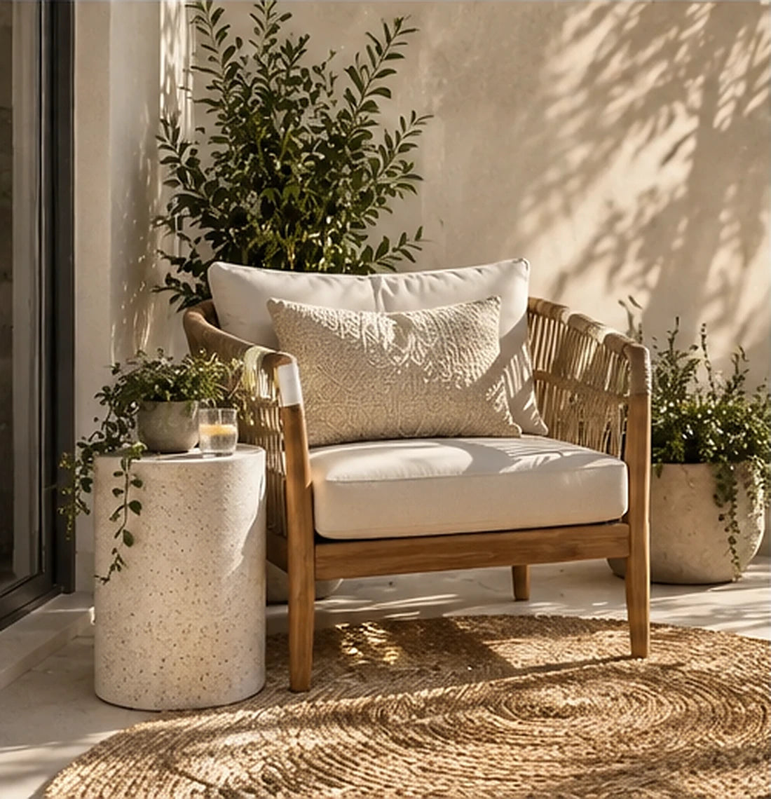 Timber balcony armchair with a cream cushion beside a small side table and potted greenery