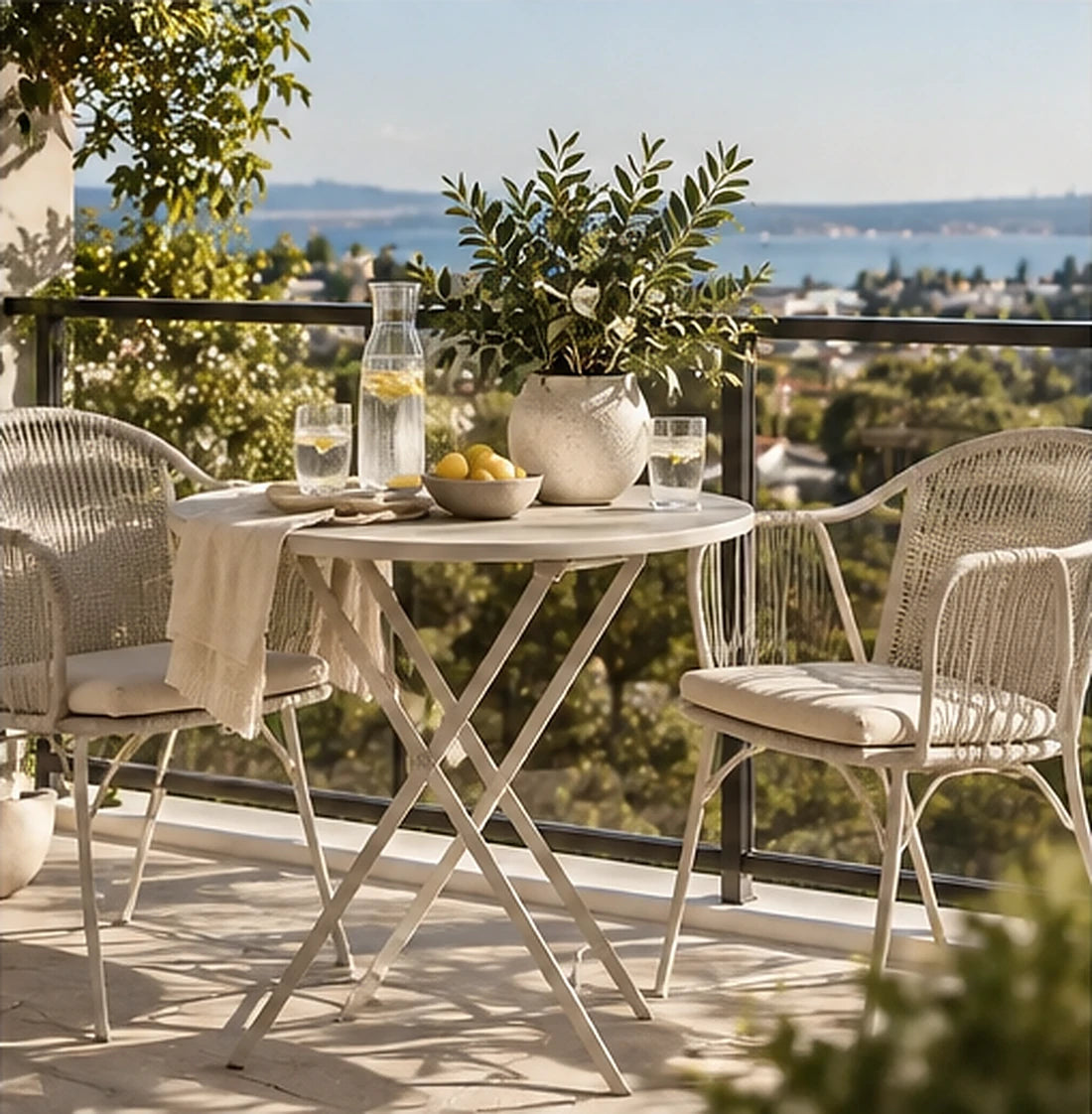 White two-person balcony bistro setting styled with lemon water, a neutral table runner and greenery