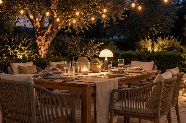 Outdoor dining table at dusk beneath warm festoon lights with woven chairs and a glowing table lamp