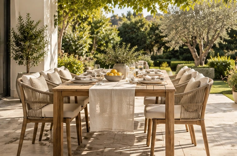 Outdoor dining inspiration with a timber table, woven chairs, linen runner and garden greenery