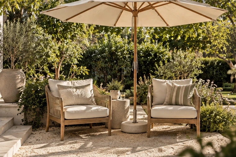 Two cushioned outdoor armchairs beneath a cream umbrella in a leafy garden