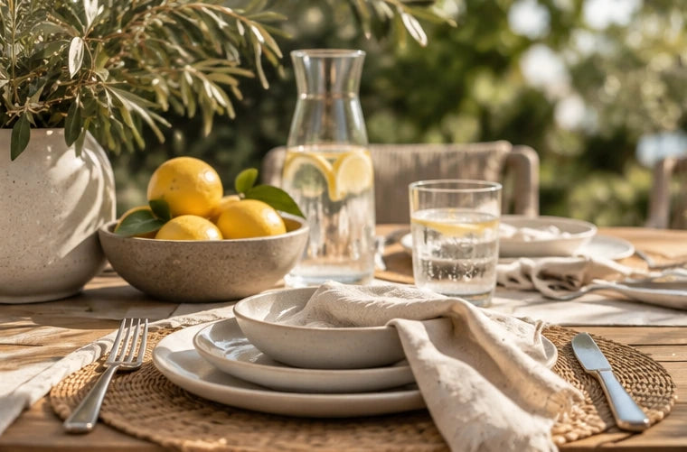 Summer table setting with neutral plates, a linen napkin, woven placemat and lemon water