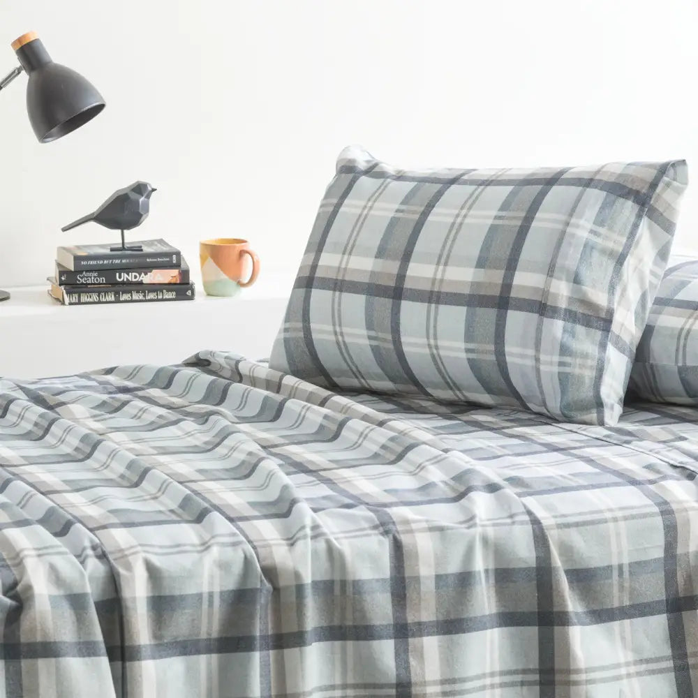Heathered Plaid 175 GSM Egyptian Cotton Flannelette Sheet Set by Park Avenue King Single - Home & Garden > Bedding >