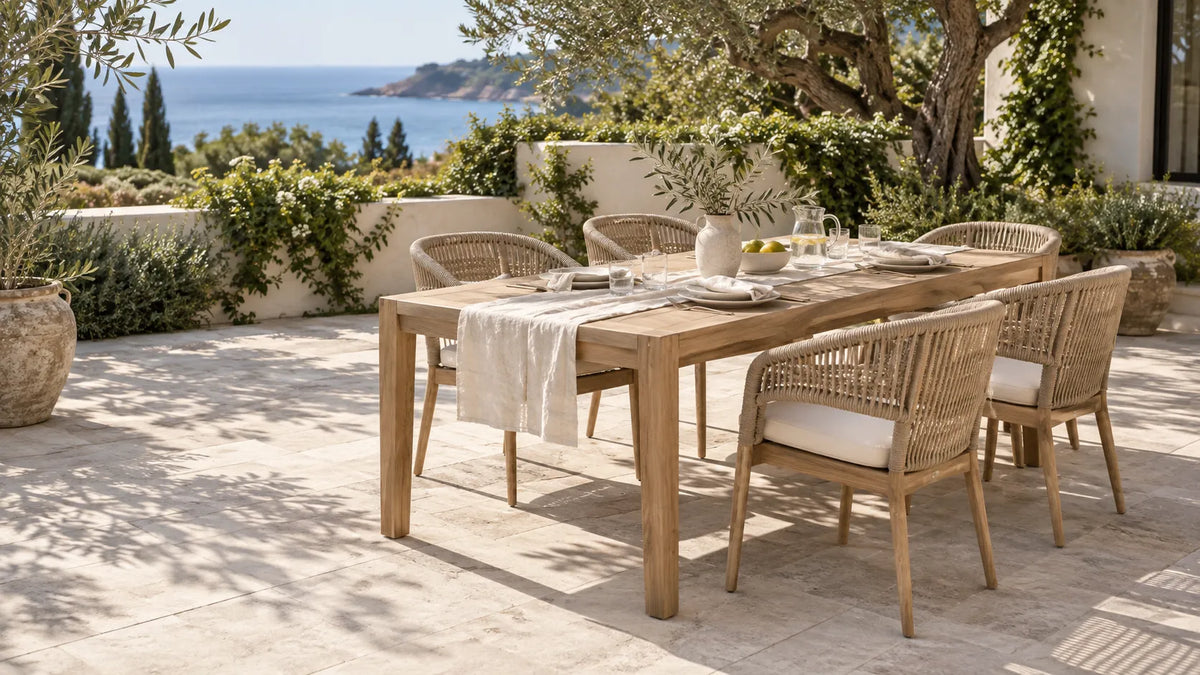A timber outdoor dining setting on a sunlit coastal terrace
