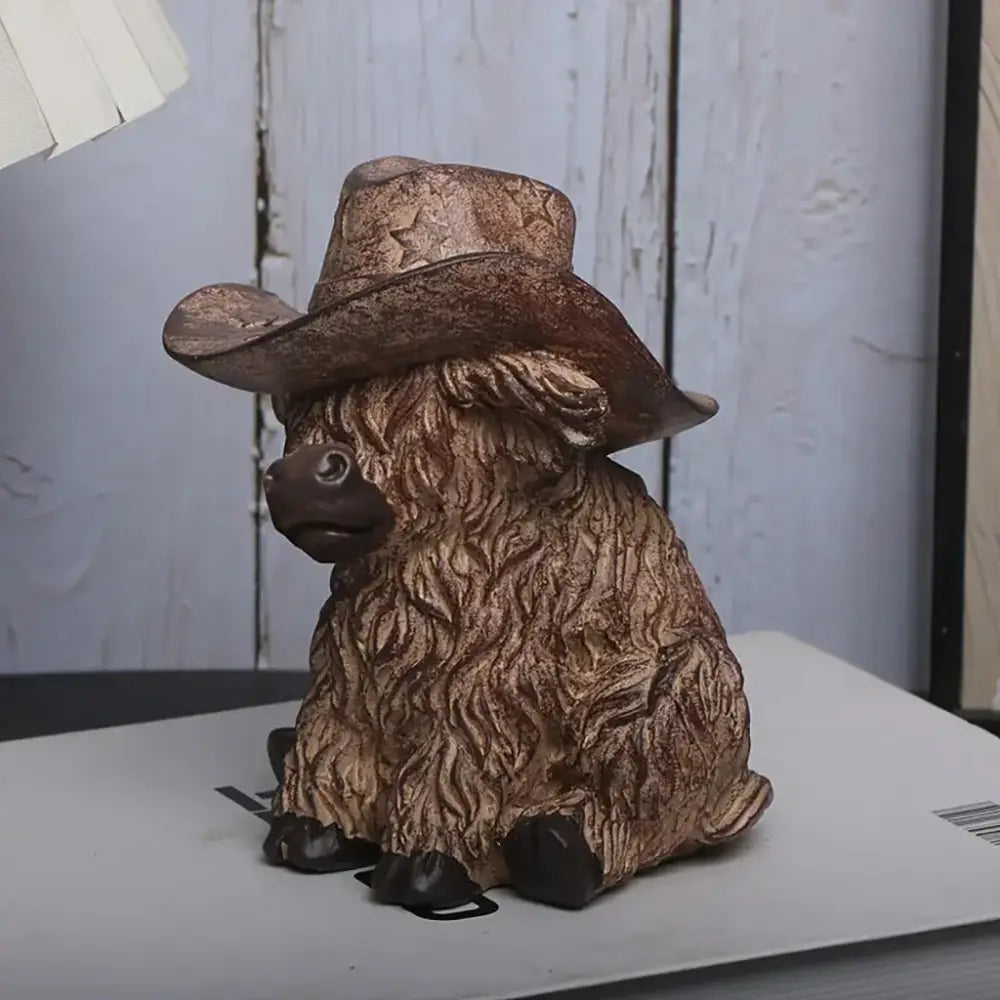 Highland Cow with Cowboy Hat Resin Statue - Rustic Farmhouse Garden Decor - Home & Garden > Decor > Vases & Table Decor
