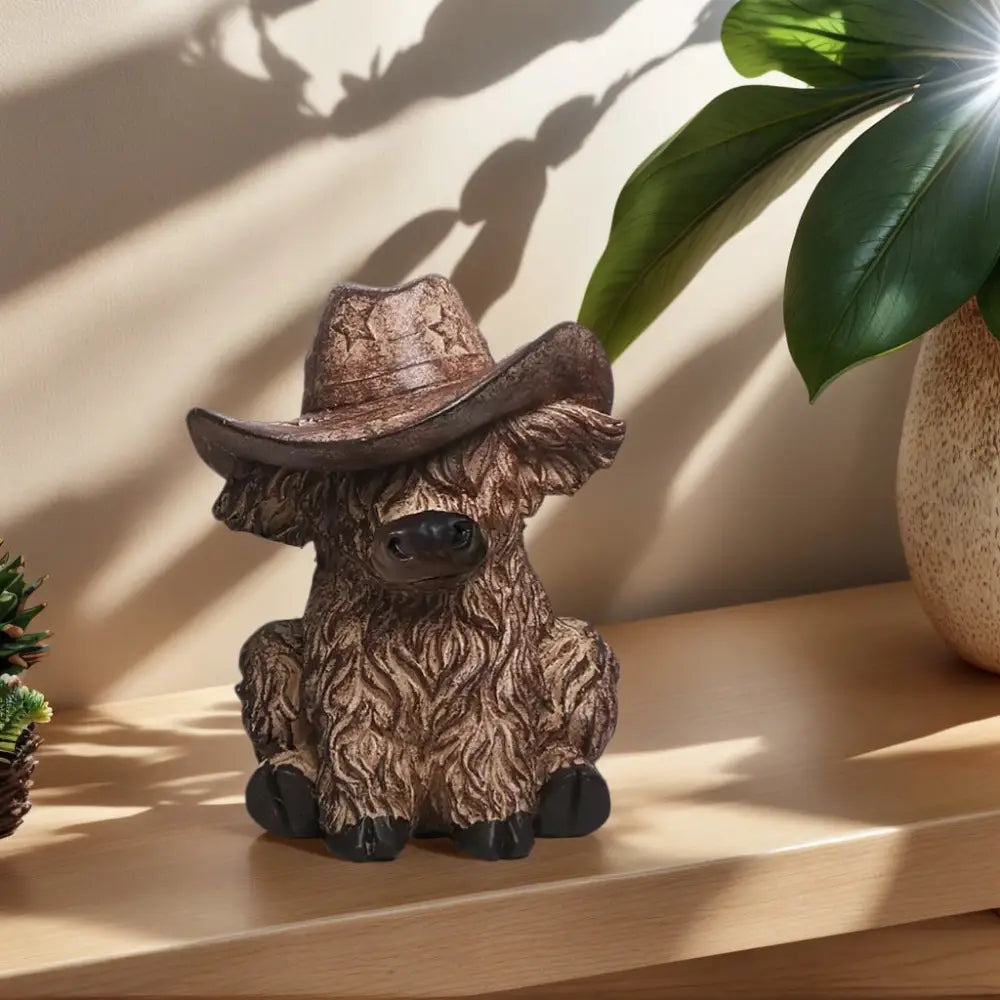 Highland Cow with Cowboy Hat Resin Statue - Rustic Farmhouse Garden Decor - Home & Garden > Decor > Vases & Table Decor