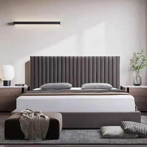 Hillsdale Bed Frame Polyester Fabric Padded Upholstery High Quality Slats Polished Stainless Steel Feet - Furniture >