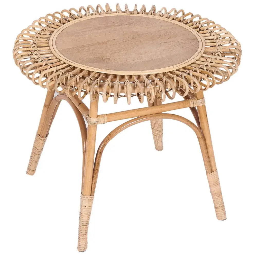 Holly 65cm Round Side Table Mango Wood Top Rattan Frame - Natural - Furniture > Bedroom
