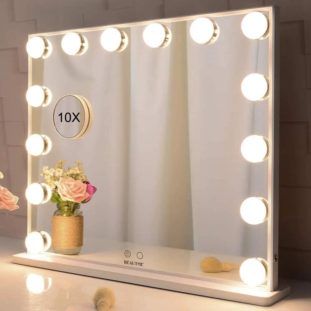 Hollywood Makeup Vanity Mirror with LED Lights and Detachable 10X Magnification Mirror (White 62 x 51 cm) - Health &