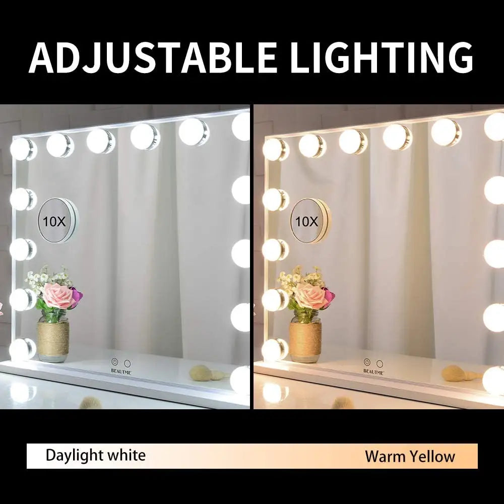 Hollywood Makeup Vanity Mirror with LED Lights and Detachable 10X Magnification Mirror (White 62 x 51 cm) - Health &