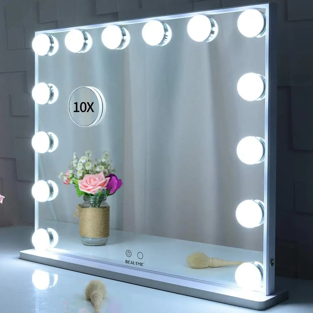 Hollywood Makeup Vanity Mirror with LED Lights and Detachable 10X Magnification Mirror (White 62 x 51 cm) - Health &