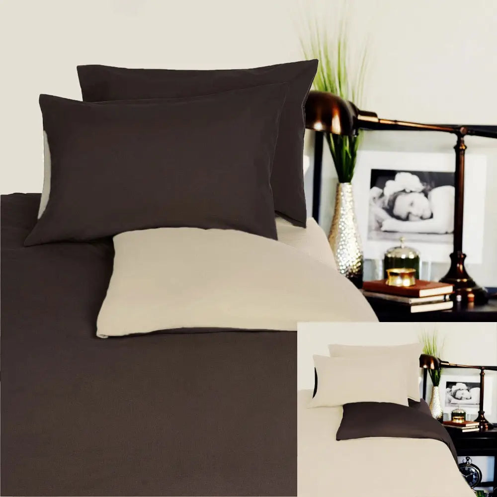 Hotel Living Reversible 100% Cotton JERSEY Quilt Cover Set Chocolate / Linen - DOUBLE - Home & Garden > Bedding