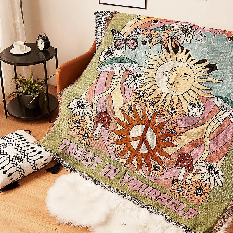 Humen Face Sun Artistic Jacquard Throw Blanket - American Style Illustrated Sofa Cover & Tapestry - 130 x 160cm - Home