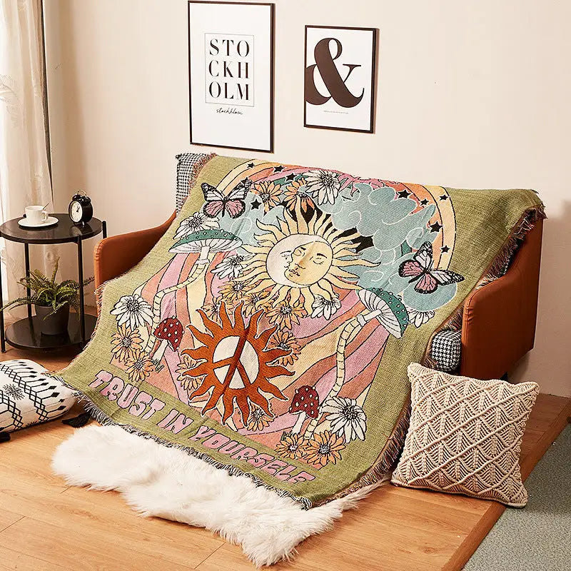 Humen Face Sun Artistic Jacquard Throw Blanket - American Style Illustrated Sofa Cover & Tapestry - 130 x 160cm - Home