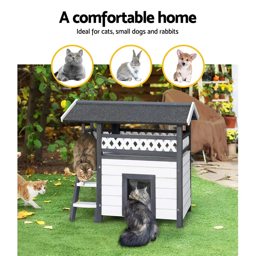 i.Pet Cat House Outdoor Shelter 77cm x 50cm x 73cm Rabbit Hutch Wooden Condo Small Dog Enclosure - Pet Care > Coops &