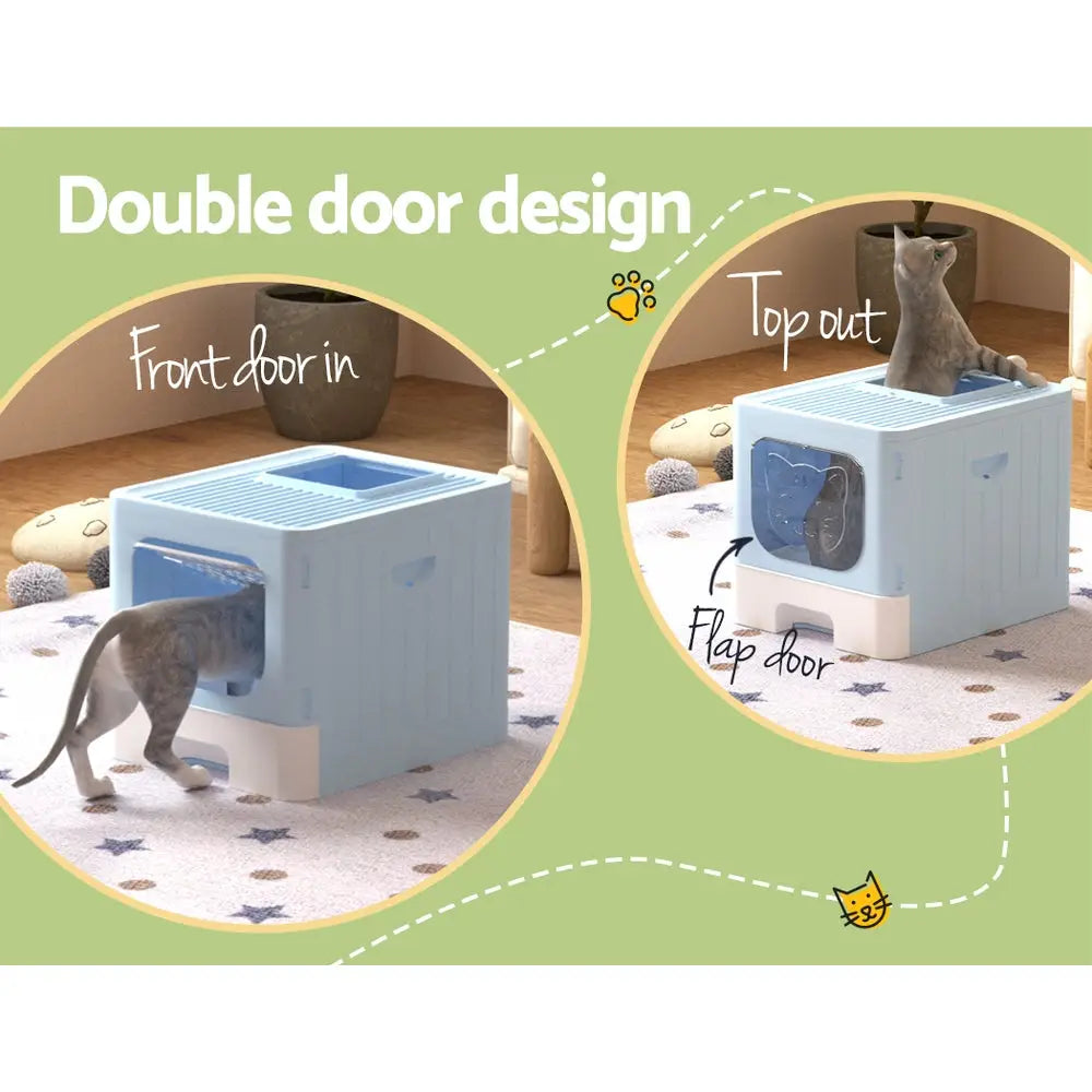 i.Pet Cat Litter Box Large Tray Kitty Toilet Enclosed Hooded Foldable Scoop Blue - Pet Care > Cat Supplies > Cat Litter