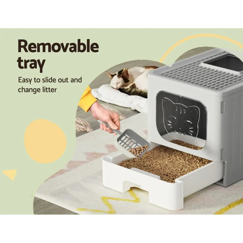 i.Pet Cat Litter Box Large Tray Kitty Toilet Enclosed Hooded Foldable Scoop Grey - Pet Care > Cat Supplies > Cat Litter