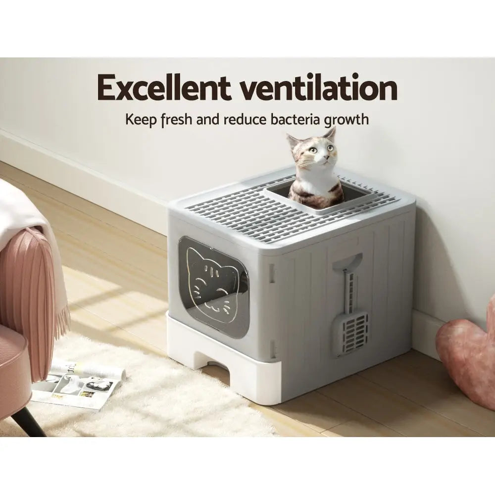 i.Pet Cat Litter Box Large Tray Kitty Toilet Enclosed Hooded Foldable Scoop Grey - Pet Care > Cat Supplies > Cat Litter