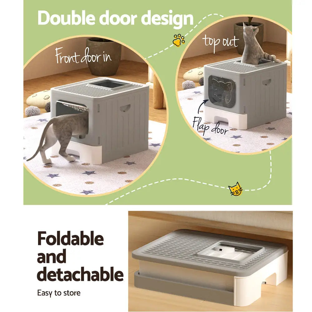 i.Pet Cat Litter Box Large Tray Kitty Toilet Enclosed Hooded Foldable Scoop Grey - Pet Care > Cat Supplies > Cat Litter