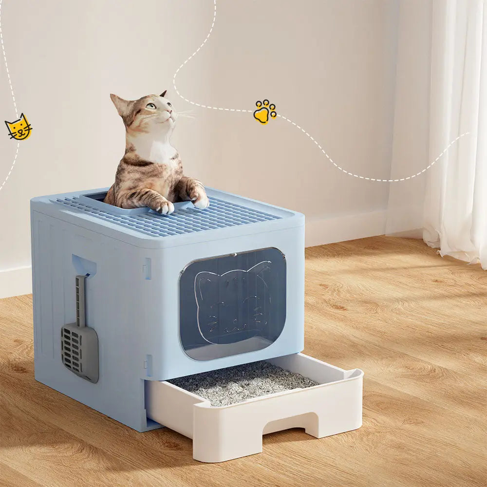 i.Pet Cat Litter Box Large Tray Kitty Toilet Enclosed Hooded Foldable Scoop Blue - Pet Care > Cat Supplies > Cat Litter