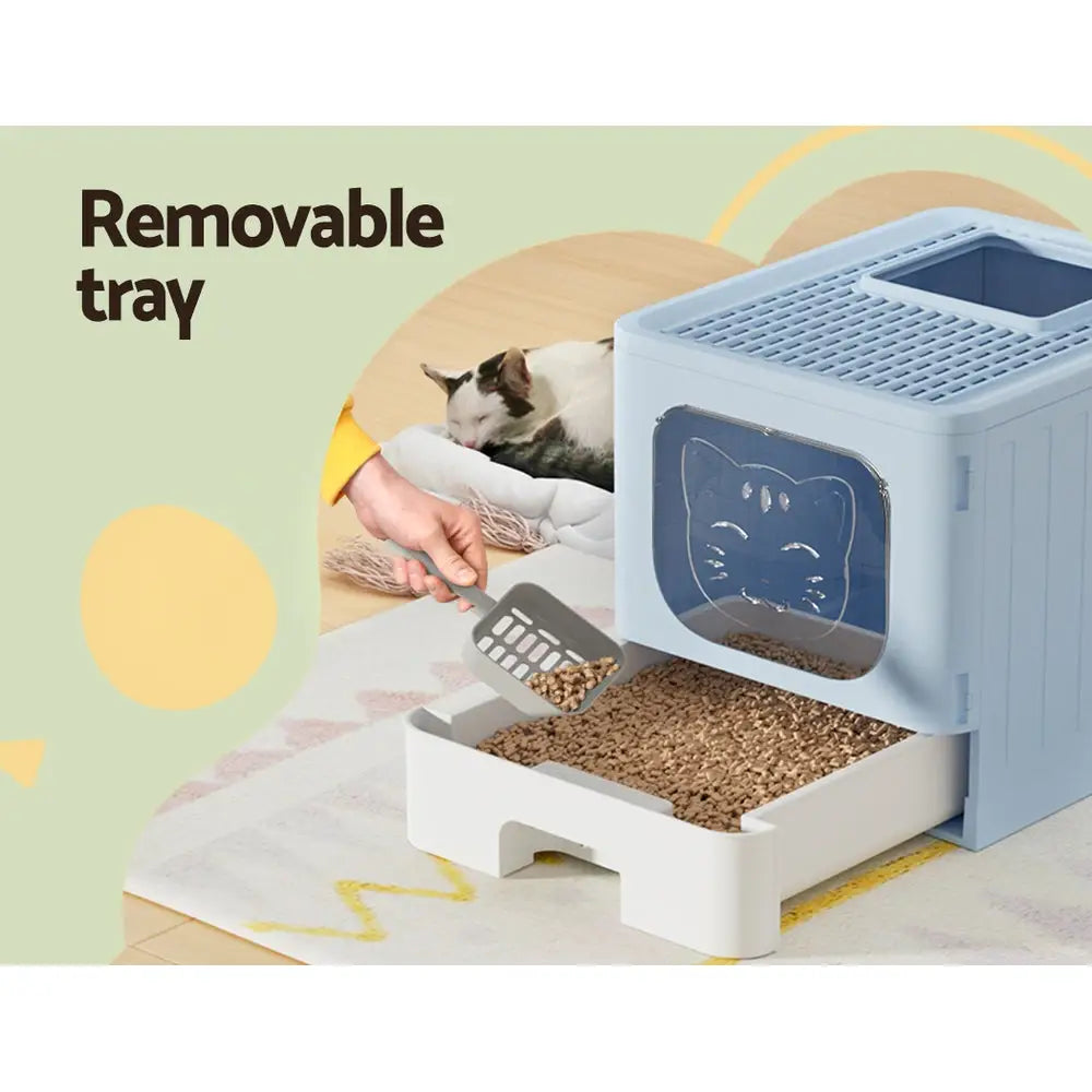 i.Pet Cat Litter Box Large Tray Kitty Toilet Enclosed Hooded Foldable Scoop Blue - Pet Care > Cat Supplies > Cat Litter