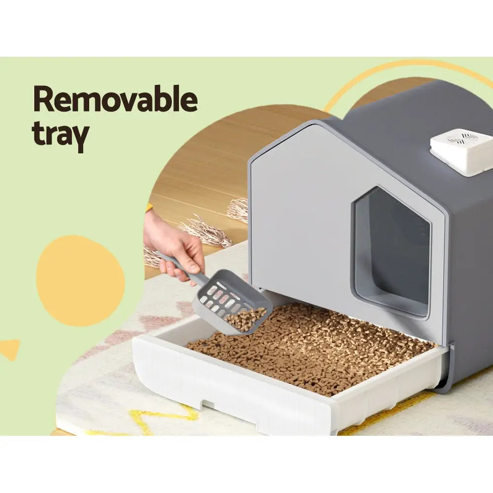 i.Pet Cat Litter Box Large Tray Kitty Toilet Fully Enclosed House Hooded Scoop Mat Grey - Pet Care > Cat Supplies > Cat