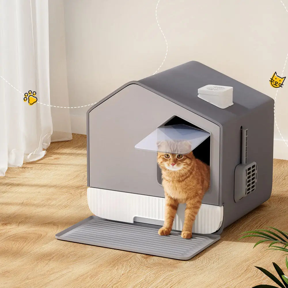 i.Pet Cat Litter Box Large Tray Kitty Toilet Fully Enclosed House Hooded Scoop Mat Grey - Pet Care > Cat Supplies > Cat
