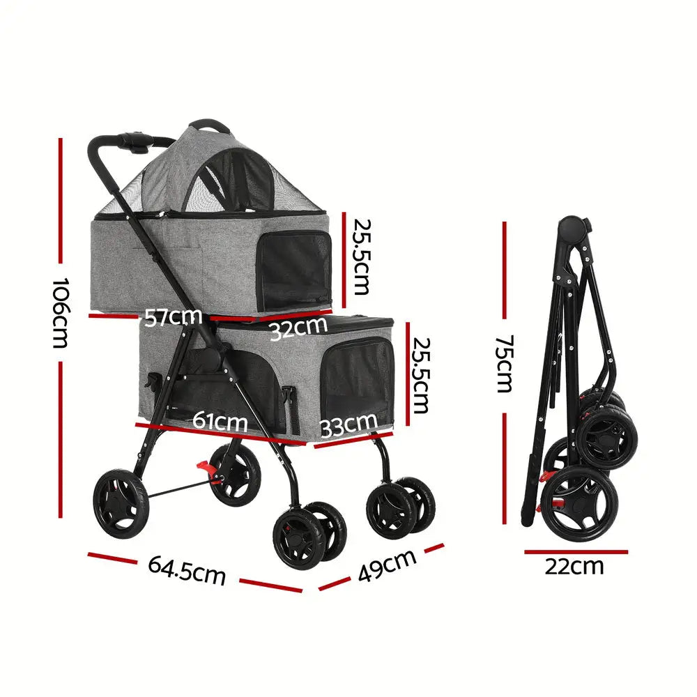i.Pet Pet Stroller 2-tier Dog Pram Large Cat Carrier Travel Pushchair Foldable - Pet Care > Cat Supplies > Cat Carriers