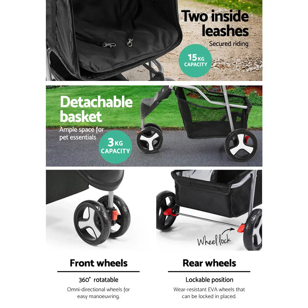 i.Pet Pet Stroller Dog Pram Cat Carrier Large Travel Pushchair Foldable 3 Wheels - Pet Care > Cat Supplies > Cat