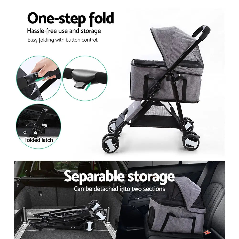 i.Pet Pet Stroller Dog Pram Cat Carrier Travel Large Pushchair Foldable 4 Wheels Grey - Pet Care > Cat Supplies > Cat