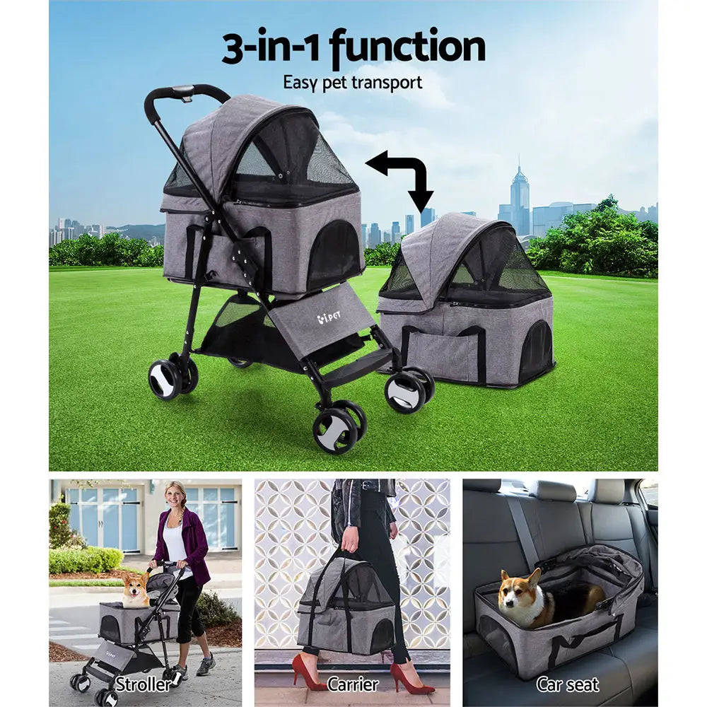i.Pet Pet Stroller Dog Pram Cat Carrier Travel Large Pushchair Foldable 4 Wheels Grey - Pet Care > Cat Supplies > Cat