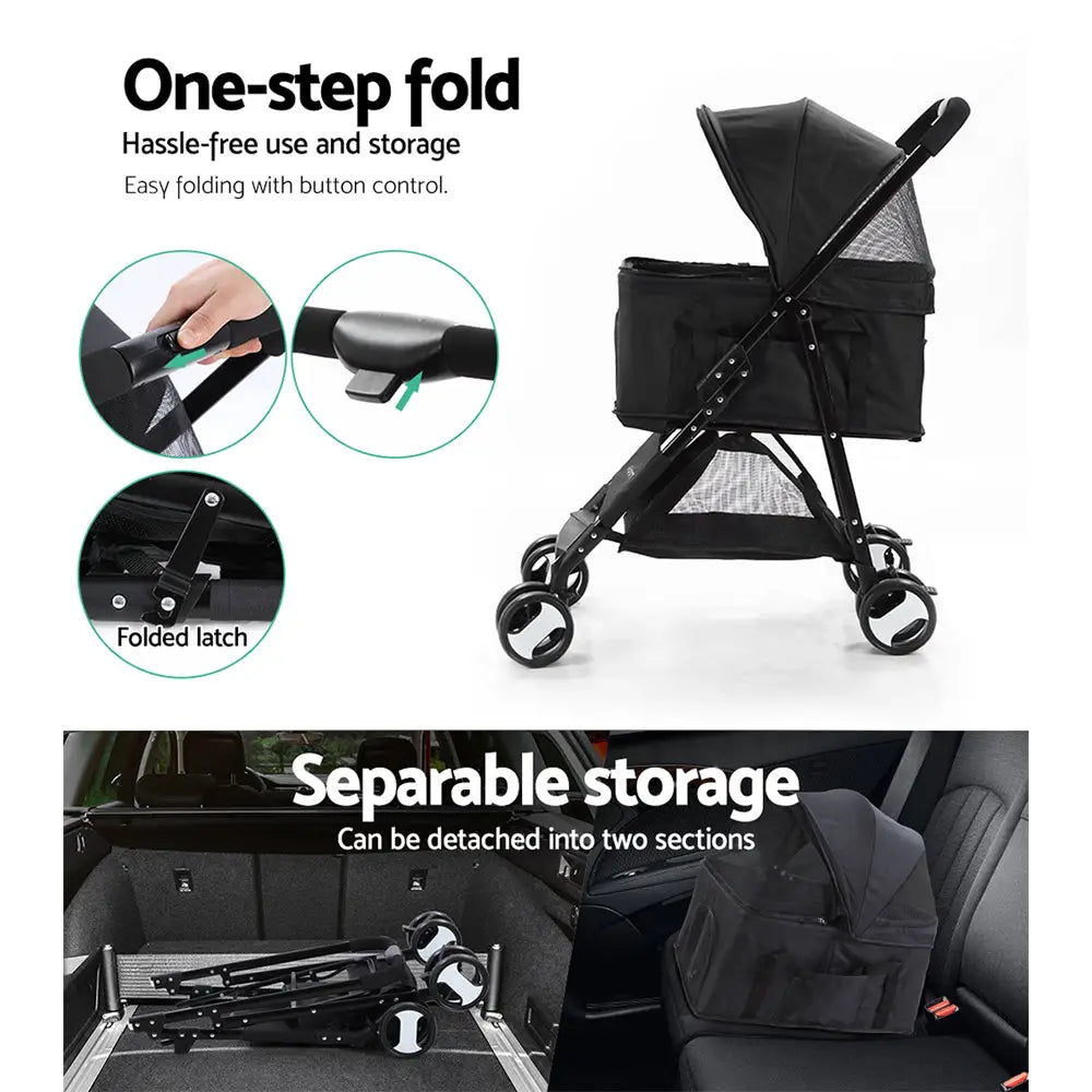 i.Pet Pet Stroller Dog Pram Cat Carrier Travel Large Pushchair Foldable 4 Wheels Black - Pet Care > Cat Supplies > Cat