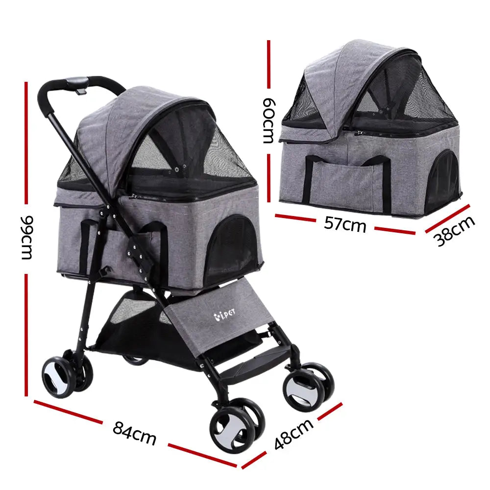 i.Pet Pet Stroller Dog Pram Cat Carrier Travel Large Pushchair Foldable 4 Wheels Grey - Pet Care > Cat Supplies > Cat