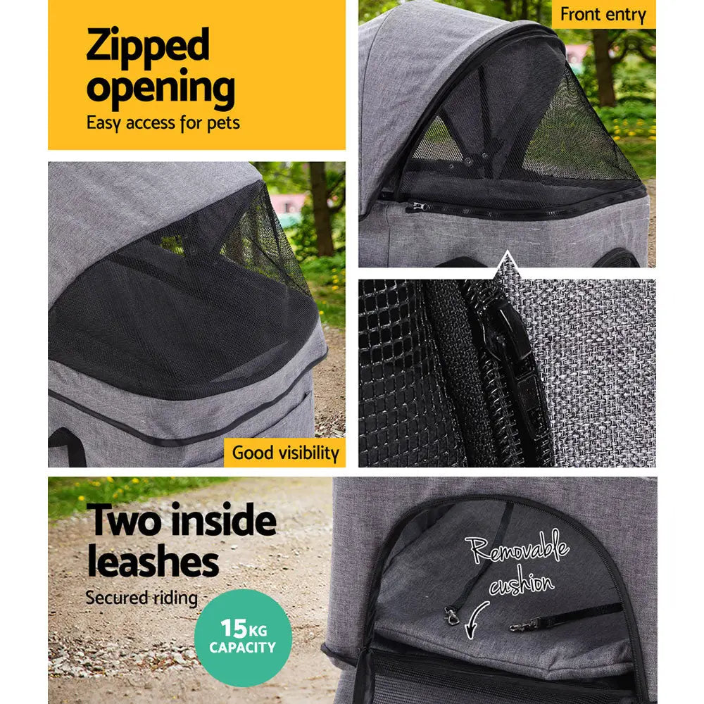 i.Pet Pet Stroller Dog Pram Cat Carrier Travel Large Pushchair Foldable 4 Wheels Grey - Pet Care > Cat Supplies > Cat