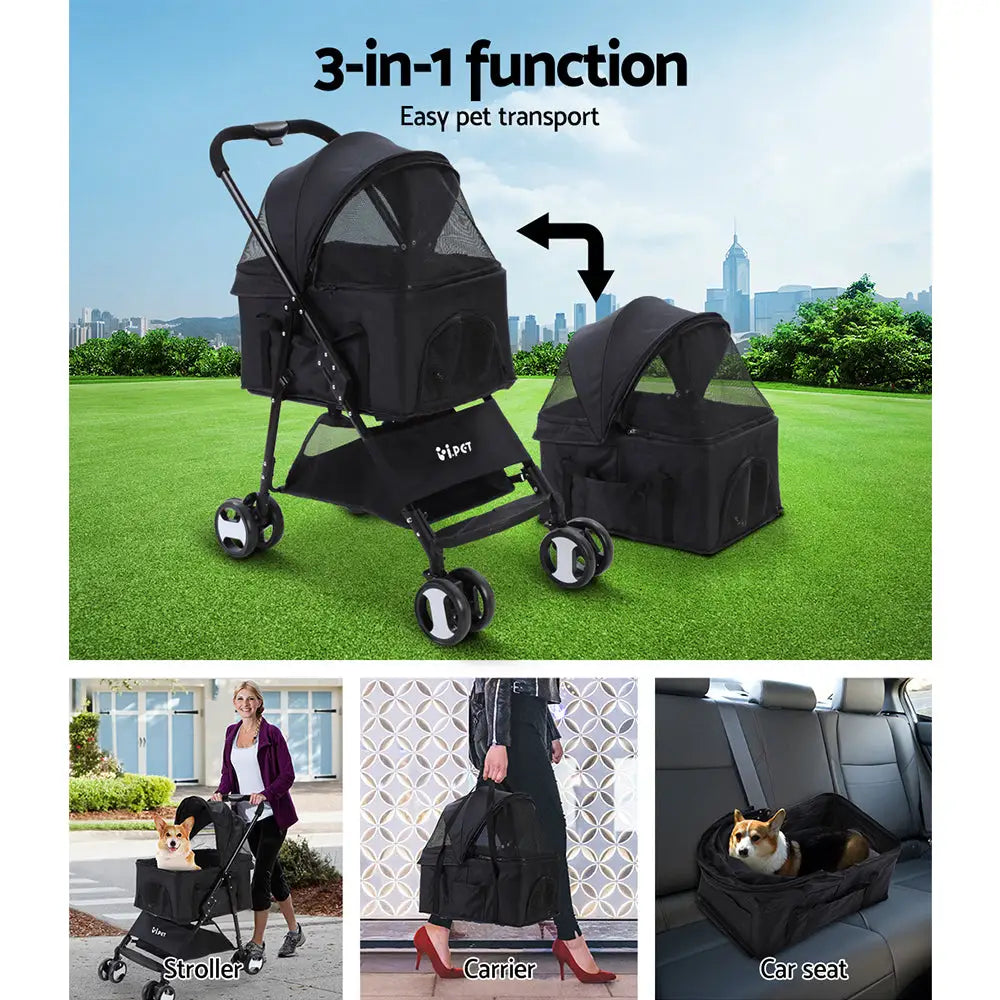 i.Pet Pet Stroller Dog Pram Cat Carrier Travel Large Pushchair Foldable 4 Wheels Black - Pet Care > Cat Supplies > Cat