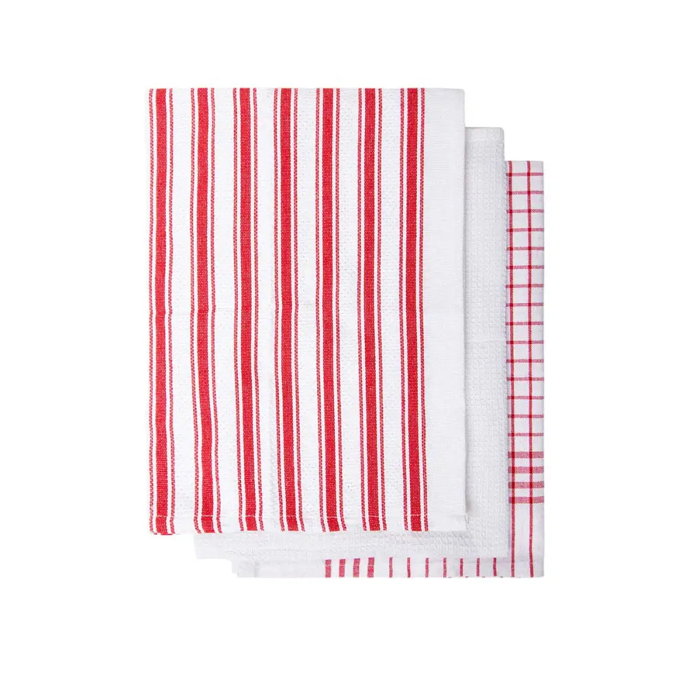IDC Homewares Set of 3 Gardenia Cotton Tea Towels Red - Home & Garden > Kitchenware