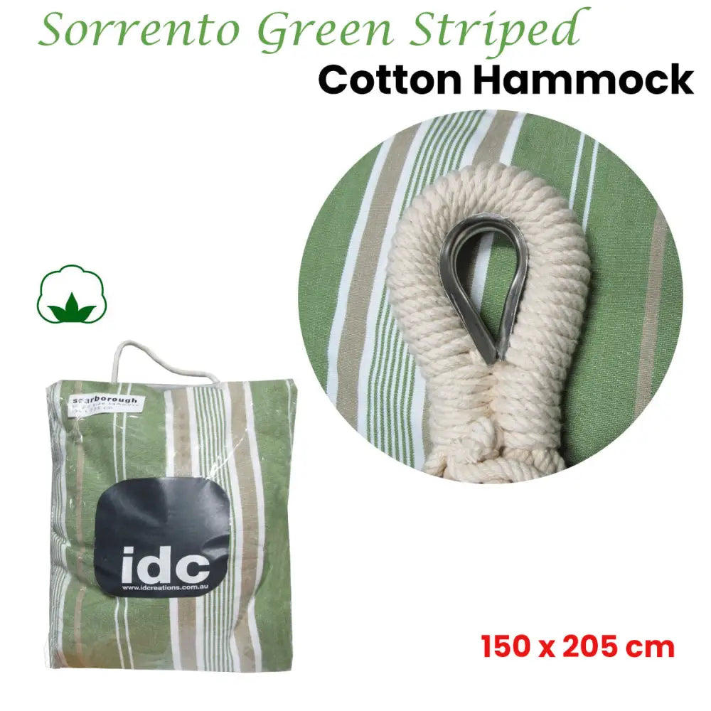 IDC Homewares Sorrento Green Striped Single Size Cotton Hammock 150 x 205 cm - Home & Garden > Hammocks
