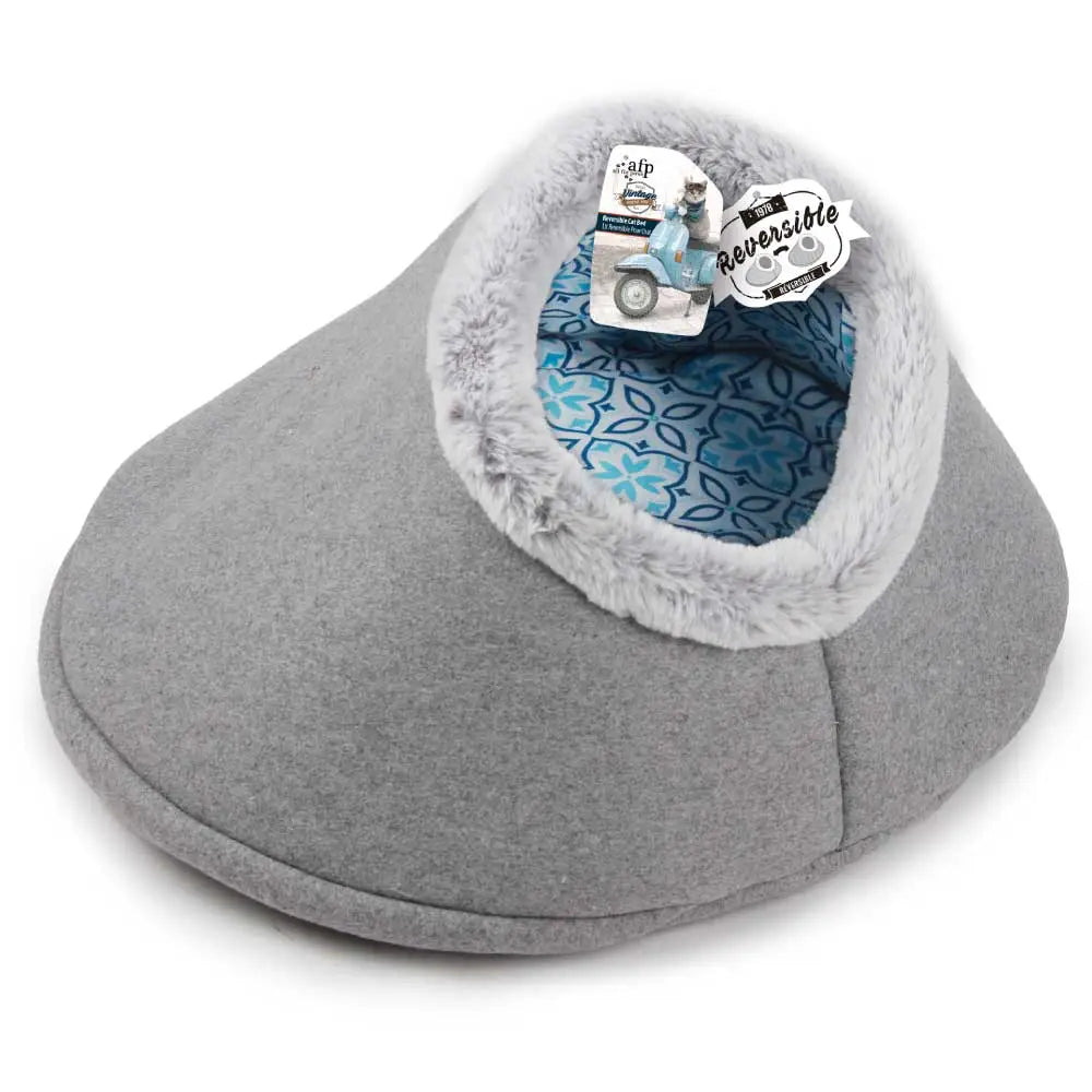 Igloo Cat Bed Reversible Cave - Grey Retro Vintage Faux Felt Fabric - AFP - Pet Care > Cat Supplies > Cat Furniture