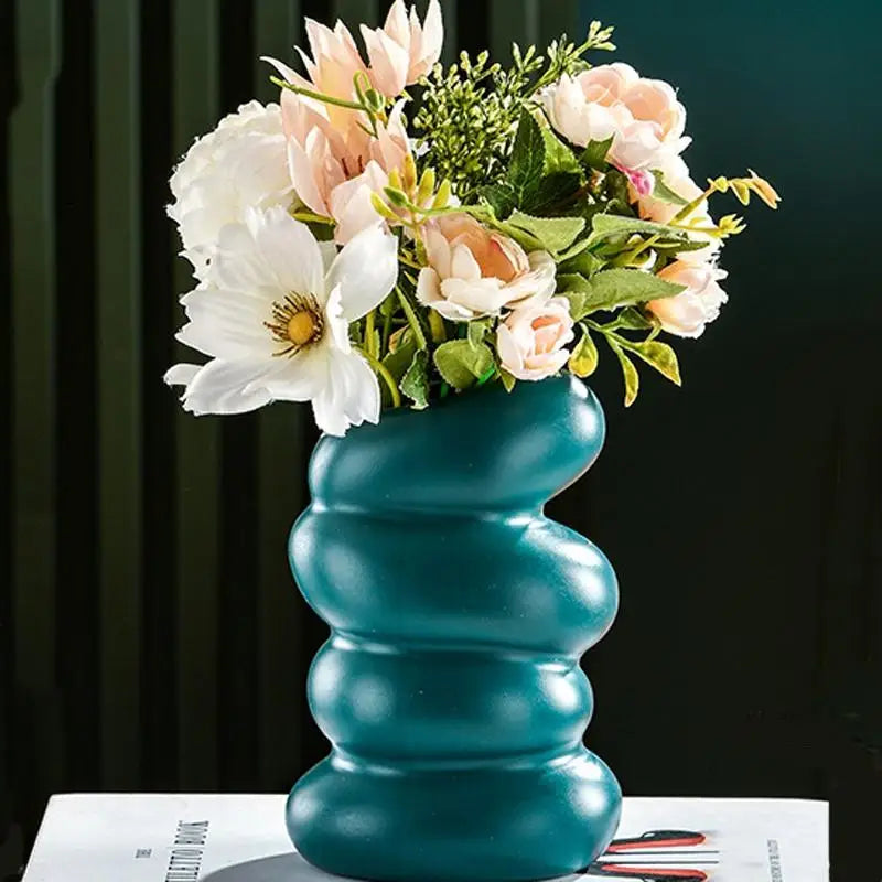 Imitation Glaze Porcelain Spiral Vase for Wet & Dry Flower Arrangements - Dark Green - Home & Garden > Decor > Vases &