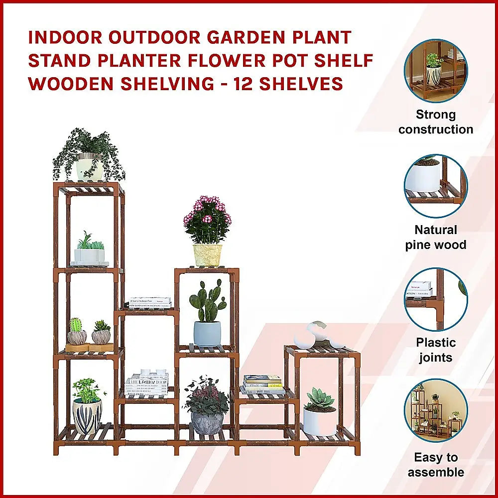 Indoor Outdoor Garden Plant Stand Planter Flower Pot Shelf Wooden Shelving - 12 Shelves - Furniture > Office