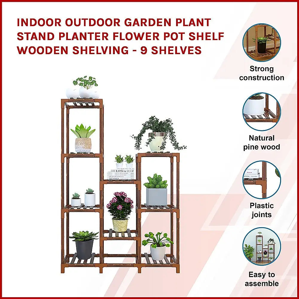 Indoor Outdoor Garden Plant Stand Planter Flower Pot Shelf Wooden Shelving - 9 Shelves - Furniture > Office