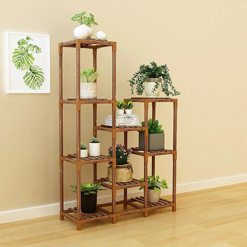 Indoor Outdoor Garden Plant Stand Planter Flower Pot Shelf Wooden Shelving - 9 Shelves - Furniture > Office