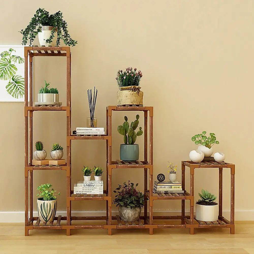 Indoor Outdoor Garden Plant Stand Planter Flower Pot Shelf Wooden Shelving - 12 Shelves - Furniture > Office