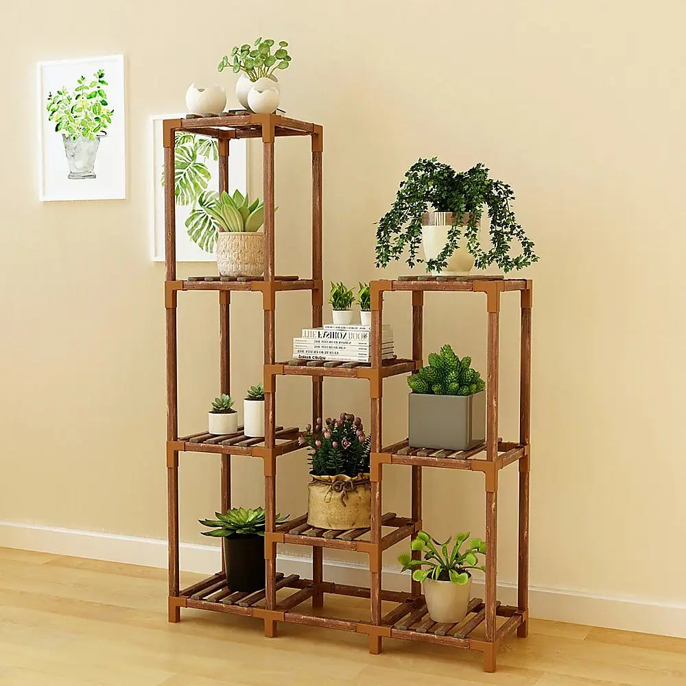 Indoor Outdoor Garden Plant Stand Planter Flower Pot Shelf Wooden Shelving - 9 Shelves - Furniture > Office