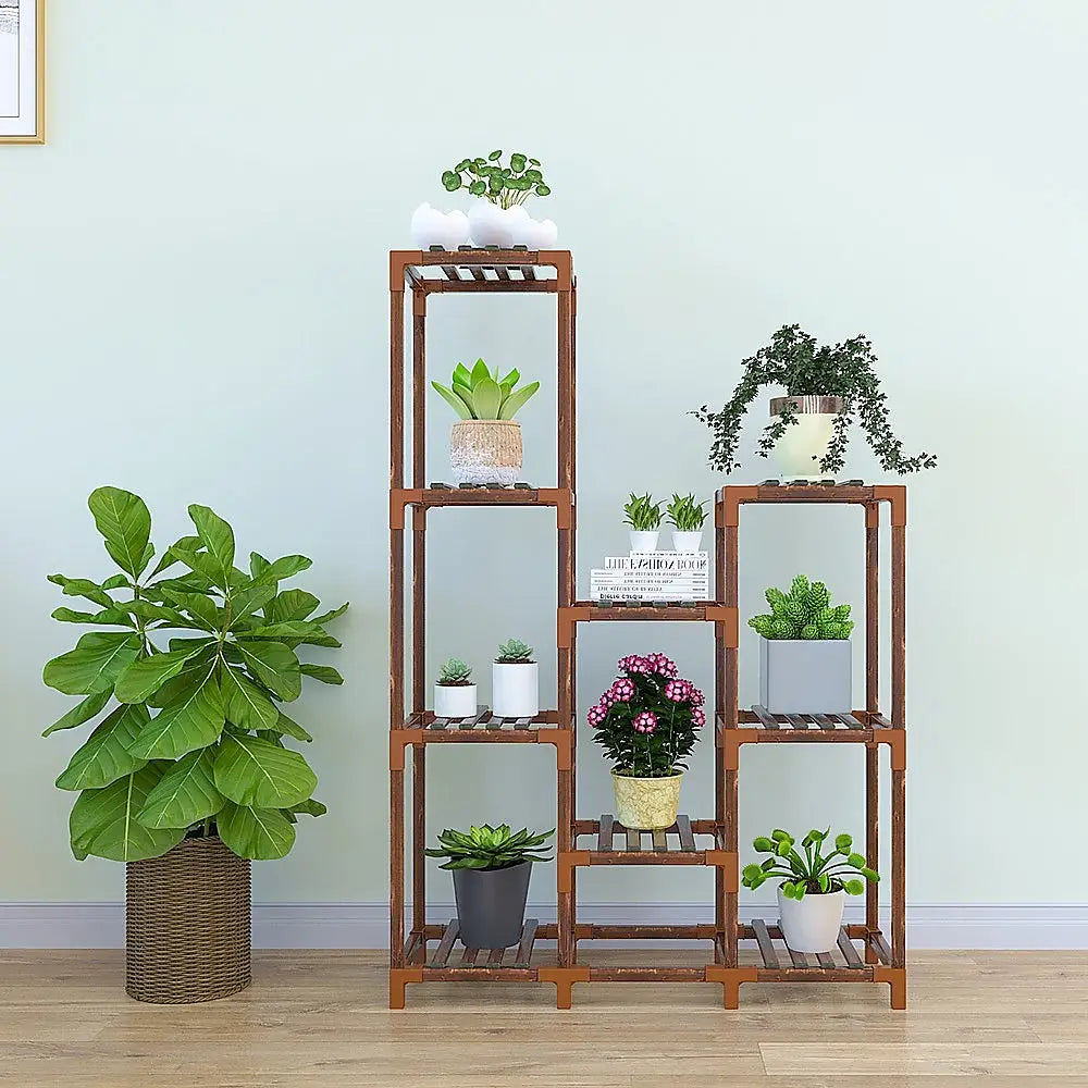 Indoor Outdoor Garden Plant Stand Planter Flower Pot Shelf Wooden Shelving - 9 Shelves - Furniture > Office