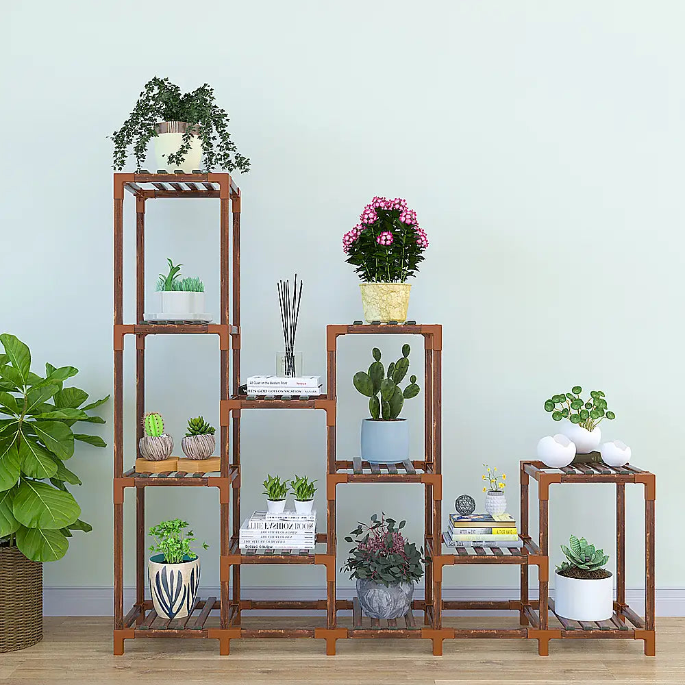 Indoor Outdoor Garden Plant Stand Planter Flower Pot Shelf Wooden Shelving - 12 Shelves - Furniture > Office