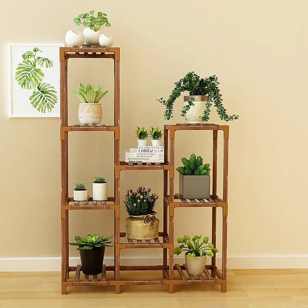 Indoor Outdoor Garden Plant Stand Planter Flower Pot Shelf Wooden Shelving - 9 Shelves - Furniture > Office
