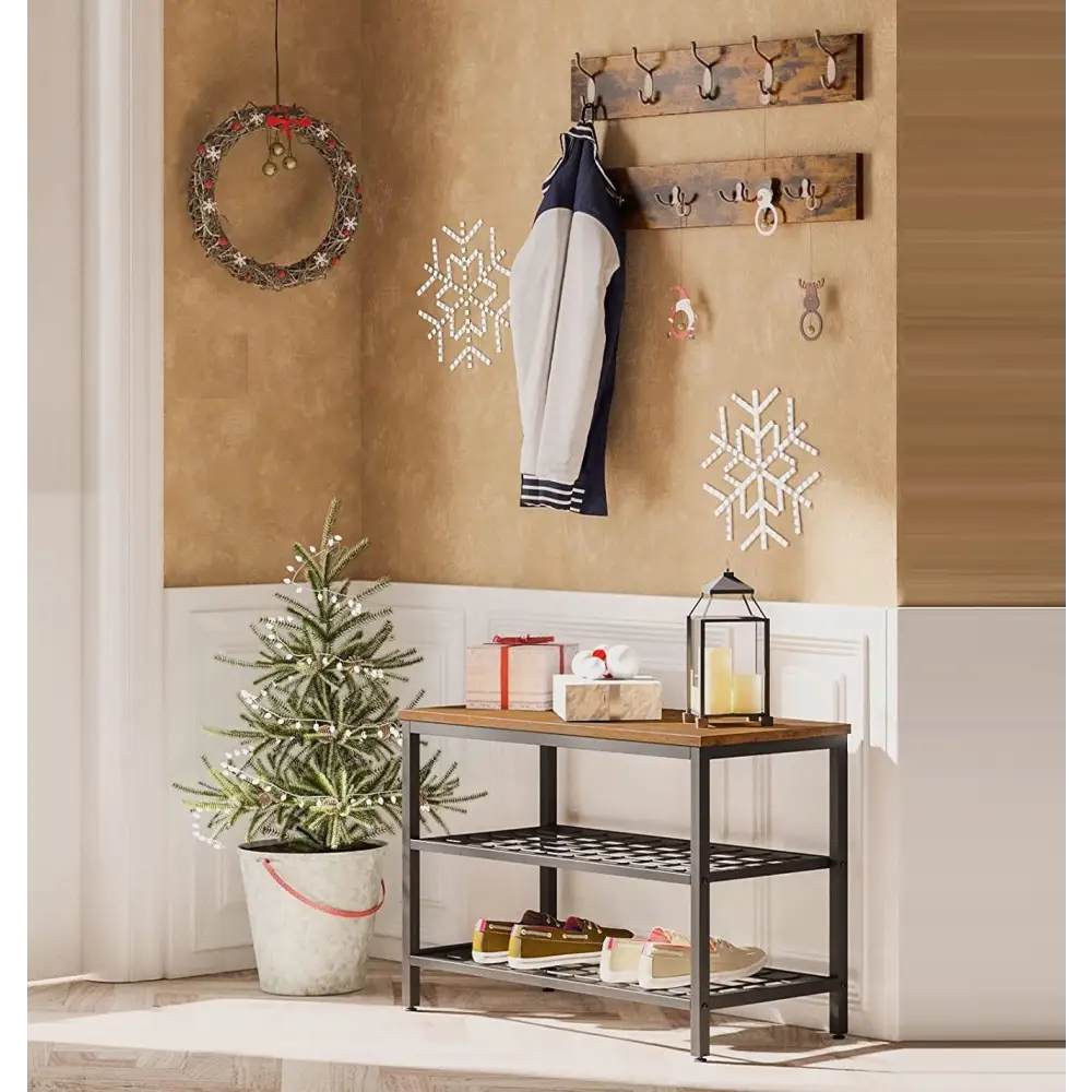 Industrial Design Entryway Shoe Rack with Coat Hooks Organizer (Brown) - Furniture > Living Room