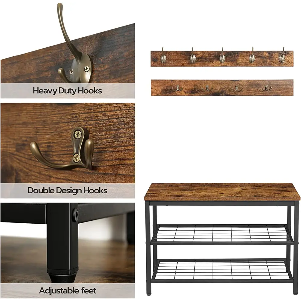 Industrial Design Entryway Shoe Rack with Coat Hooks Organizer (Brown) - Furniture > Living Room
